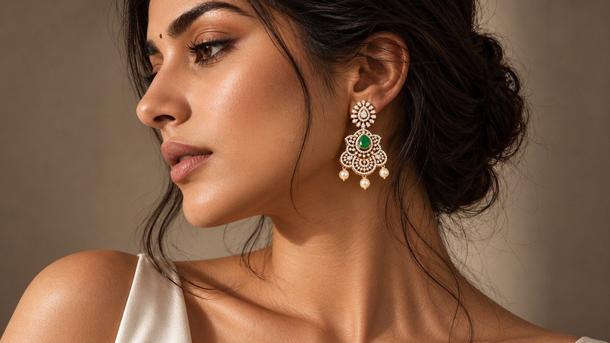 Emerald and pearl drop earrings in gold-plated 925 silver - Vilva Jewels Coimbatore